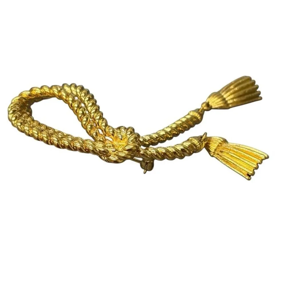 Rope Lasso With Tassel Dangles Vintage Gold Tone Brooch Pin